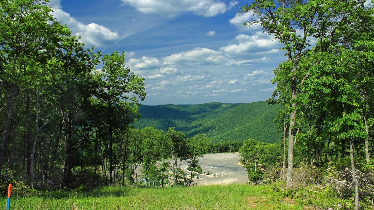 Natural gas well pad in a forest clearing below green Pennsylvania mountains. Photo: Nicholas A. Tonelli via Wikimedia Commons, CC BY 2.0 (cropped)