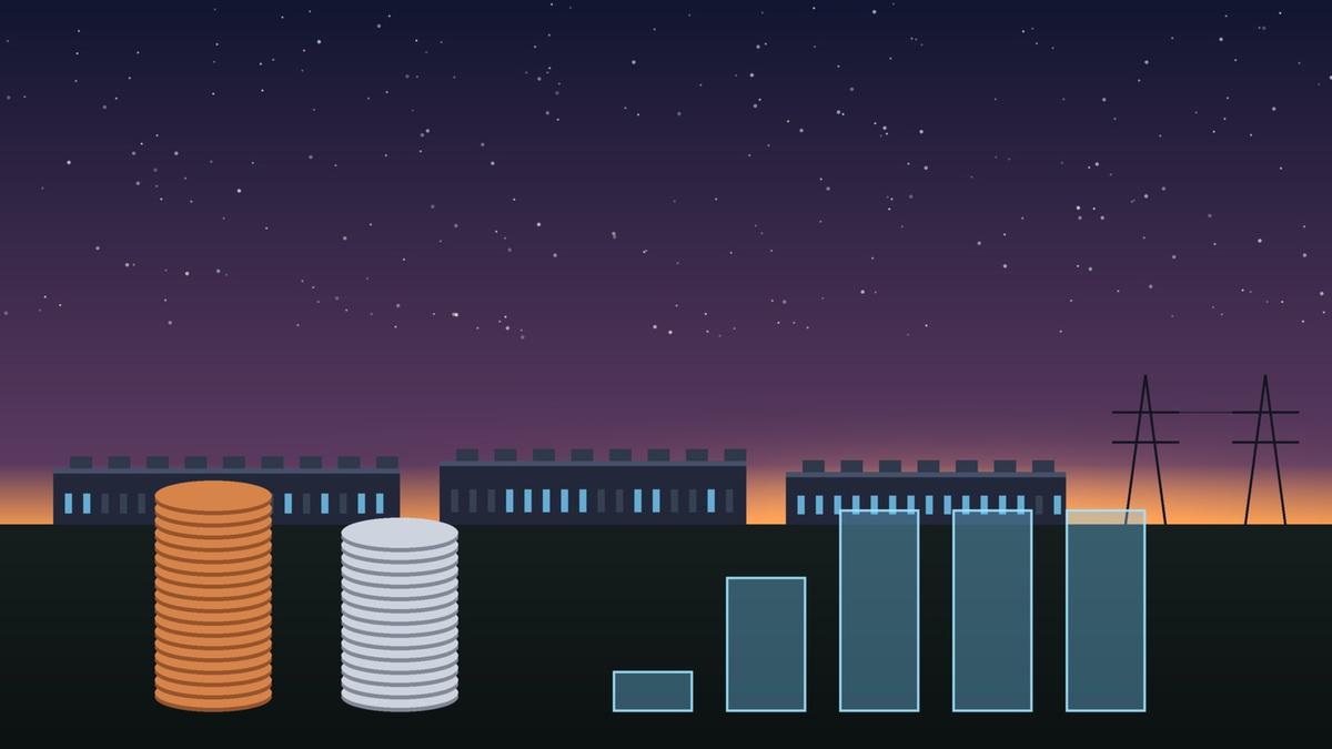Illustration of AI data halls on a prairie at dusk, with a taller copper coin stack beside a shorter silver one and translucent bars stepping up. Illustration: TradeFlock USA