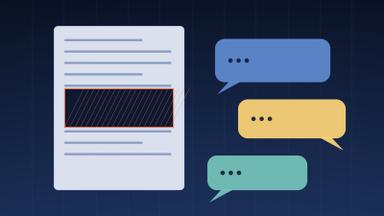 Illustration of a document page with a dark cut-out block beside three colored chat bubbles on a deep blue field. Illustration: TradeFlock USA