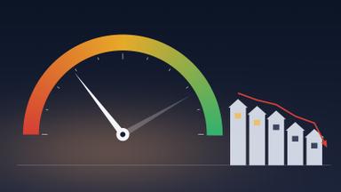 Illustration of a credit score gauge with its needle swinging low beside a row of houses under a falling trend line