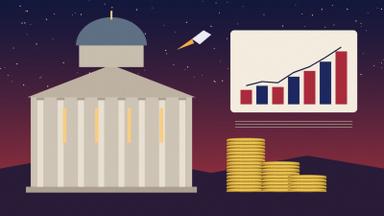 Illustration of a columned stone hall with a dome beside stacked gold coins and a rising bar chart under a starry dusk sky, with a small rocket. Illustration: TradeFlock USA