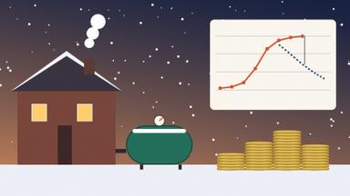 Illustration of a suburban house with a snow-dusted roof, a green heating oil tank with a fuel gauge, stacked coins and a line chart where a solid line sits above a dashed line. Illustration: TradeFlock USA