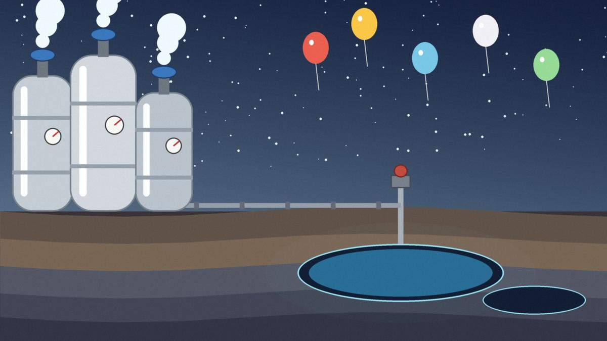 Illustration of three silver cryogenic helium dewars on a dock beside a cutaway of underground rock layers with a glowing storage cavern and a wellhead pipe, with a few balloons drifting overhead. Illustration: TradeFlock USA