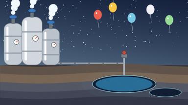 Illustration of three silver cryogenic helium dewars on a dock beside a cutaway of underground rock layers with a glowing storage cavern and a wellhead pipe, with a few balloons drifting overhead. Illustration: TradeFlock USA