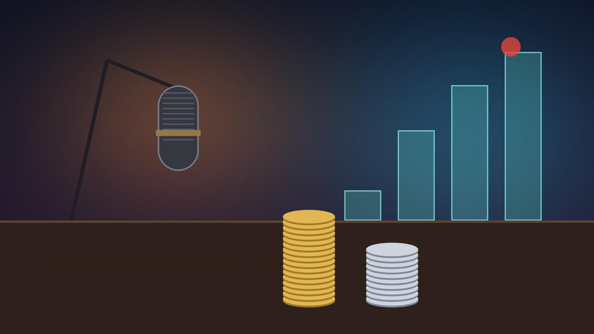 Illustration of a studio microphone on a boom arm at night beside a tall stack of gold coins and a shorter silver stack, with a rising bar chart glowing behind. Illustration: TradeFlock USA