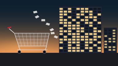 Illustration of an empty wire shopping cart at dusk beside an office tower where about a third of the lit windows have gone dark, with loose papers drifting between them. Illustration: TradeFlock USA