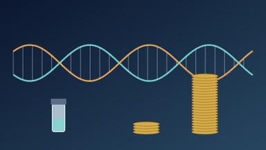 Illustration of a twisting RNA strand above a small vaccine vial, a short coin stack and a much taller coin stack on a dark blue background. Illustration: TradeFlock USA