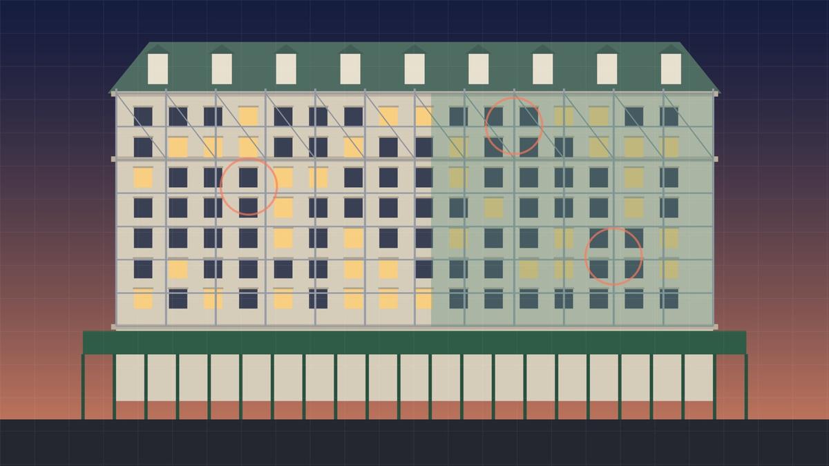Illustration of an ornate stone hotel facade at dusk wrapped in a green sidewalk shed and scaffolding, with a fading inspection grid overlay. Illustration: TradeFlock USA