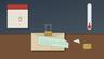 Illustration of a pay envelope and a green benefit check clipped together on a desk, with a corner cut from the check lying beside a stack of coins, a wall calendar with one day circled, and a frosted wall thermometer reading low. Illustration: TradeFlock USA