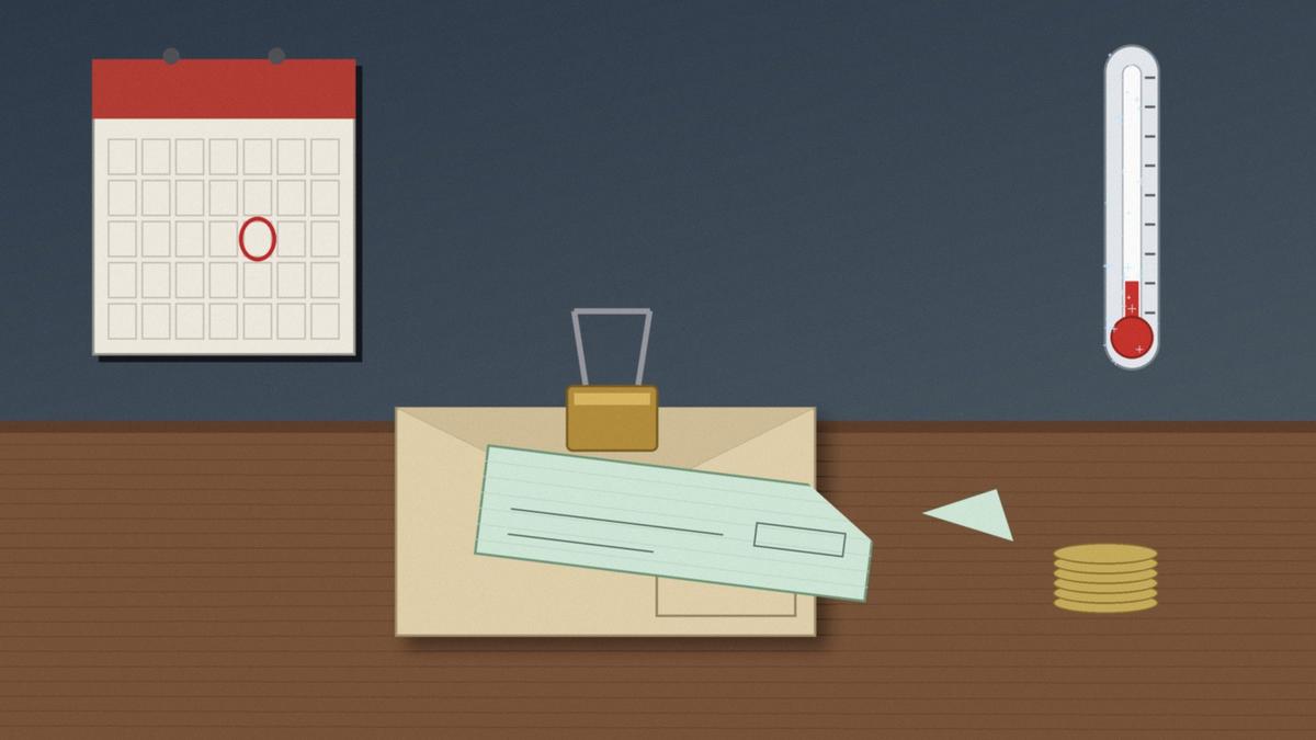 Illustration of a pay envelope and a green benefit check clipped together on a desk, with a corner cut from the check lying beside a stack of coins, a wall calendar with one day circled, and a frosted wall thermometer reading low. Illustration: TradeFlock USA