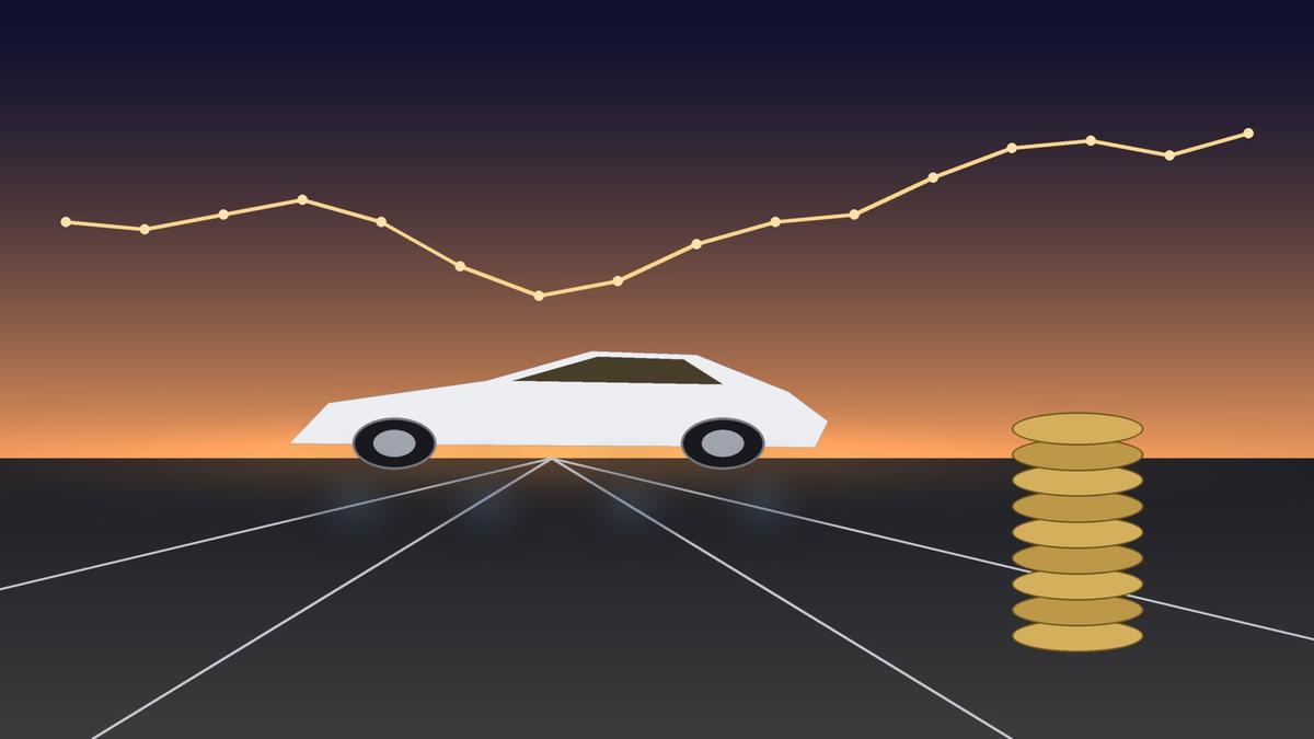 Illustration of an abstract white sports car silhouette over a dusk road beside a stack of plain coins beneath a rising interest-rate line. Illustration: TradeFlock USA