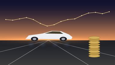 Illustration of an abstract white sports car silhouette over a dusk road beside a stack of plain coins beneath a rising interest-rate line. Illustration: TradeFlock USA